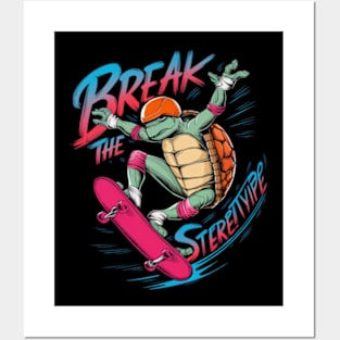 illustration featuring a fashionable and inspiring turtle character, gracefully executing a daring aerial skateboard trick_3 Posters and Art